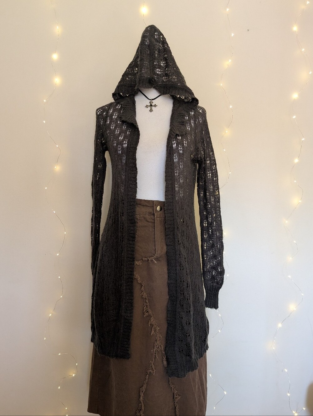 Hooded Open-Knit Long Cardigan Sweater - Dark Grey